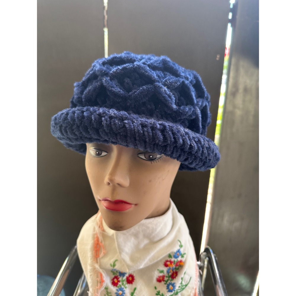 Vintage Navy Blue Chenille Crochet Cloche Hat Soft Ribbed Brim One Size